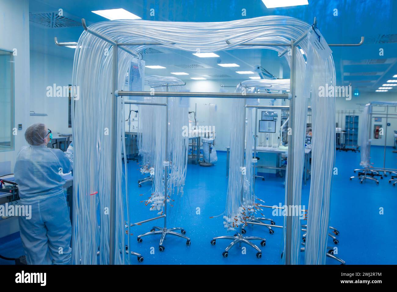 Schwerin, Allemagne. 12 février 2024. Dans la salle blanche de la société Human Med AG, des tubes sont préparés pour être assemblés dans des dispositifs médicaux de liposuccion. L’entreprise basée à Schwerin et l’Université et le Centre médical universitaire Rostock travaillent ensemble sur ce projet. Le dispositif utilise des vibrations ou un jet d'eau pour aspirer la graisse du corps humain et est utilisé dans le traitement chirurgical du lipoœdème, un trouble de la distribution de graisse. Crédit : Jens Büttner/dpa/Alamy Live News Banque D'Images
