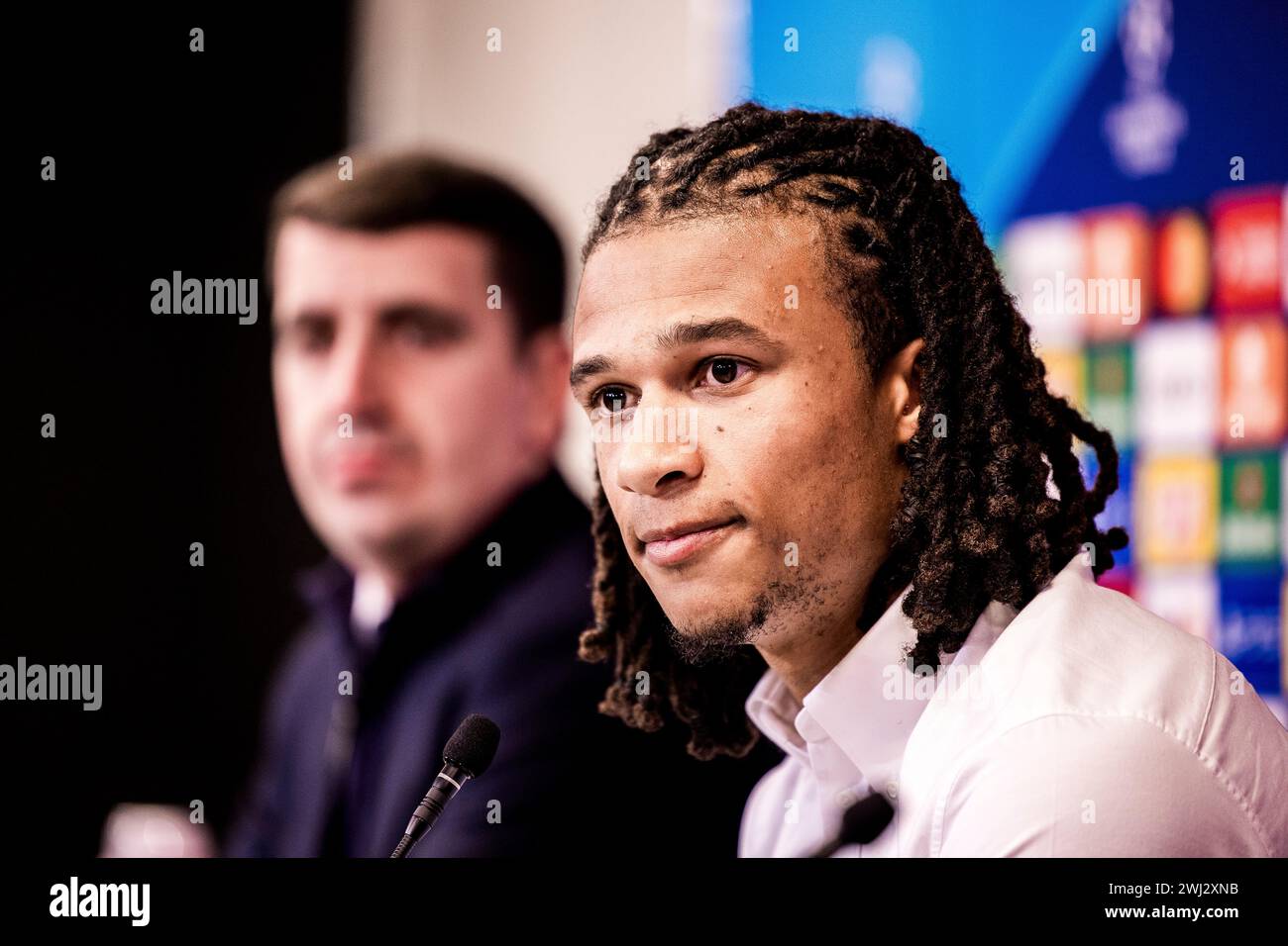 Copenhague, Danemark. 12 février 2024. Nathan Ake de Manchester City vu lors de la conférence de presse avant le match de l'UEFA Champions League entre le FC Copenhague et Manchester City à Parken à Copenhague. (Crédit photo : Gonzales photo/Alamy Live News Banque D'Images