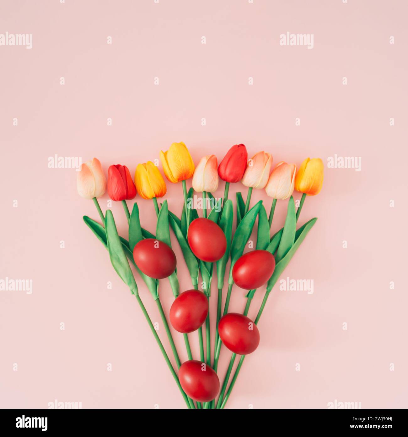 Composition créative de Pâques et de printemps faite avec des œufs de Pâques rouges et diverses tulipes colorées sur fond rose pastel clair. Concept minimal de Pâques. Banque D'Images