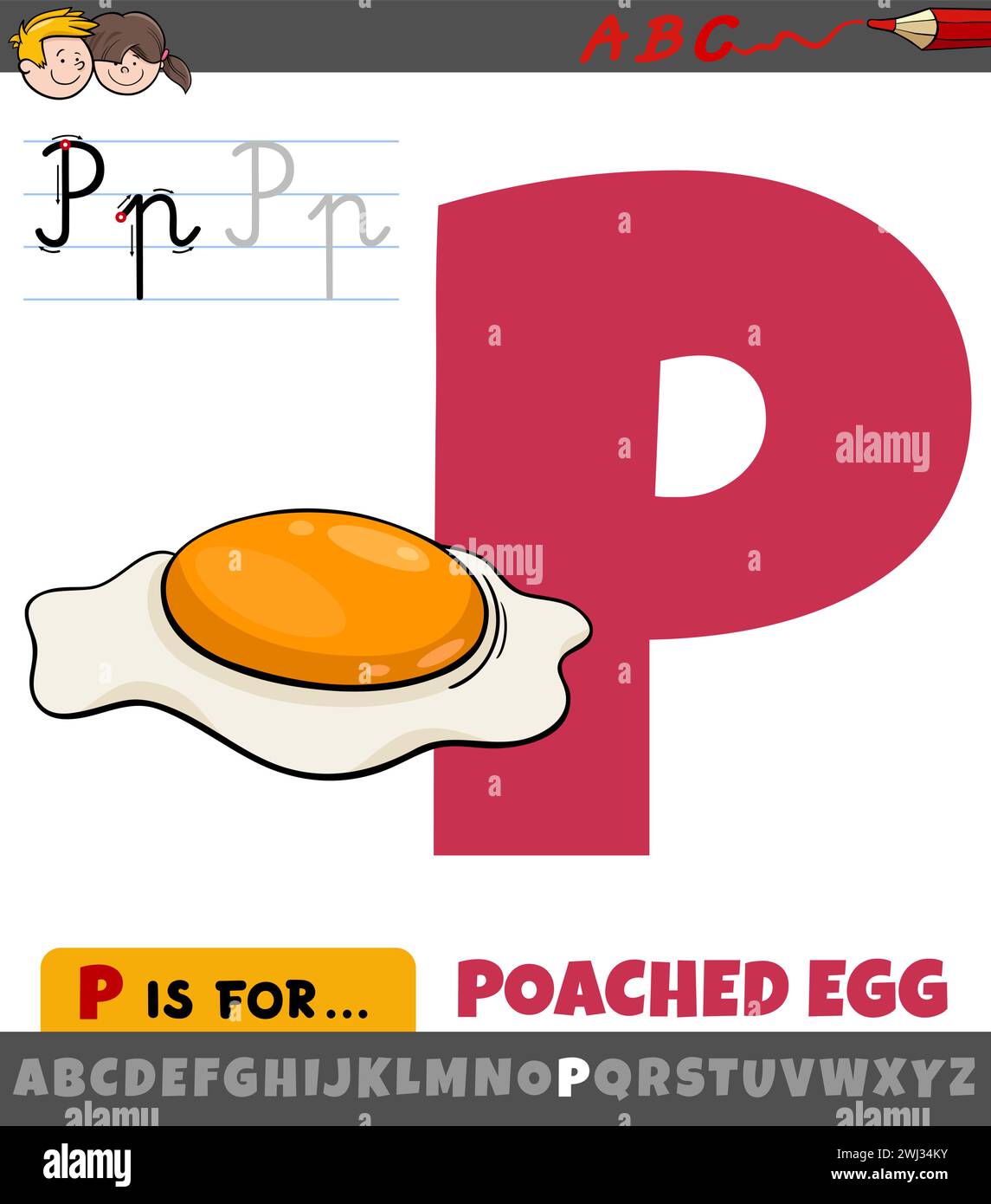 Illustration éducative de dessin animé de la lettre P de l'alphabet avec oeuf poché Illustration de Vecteur