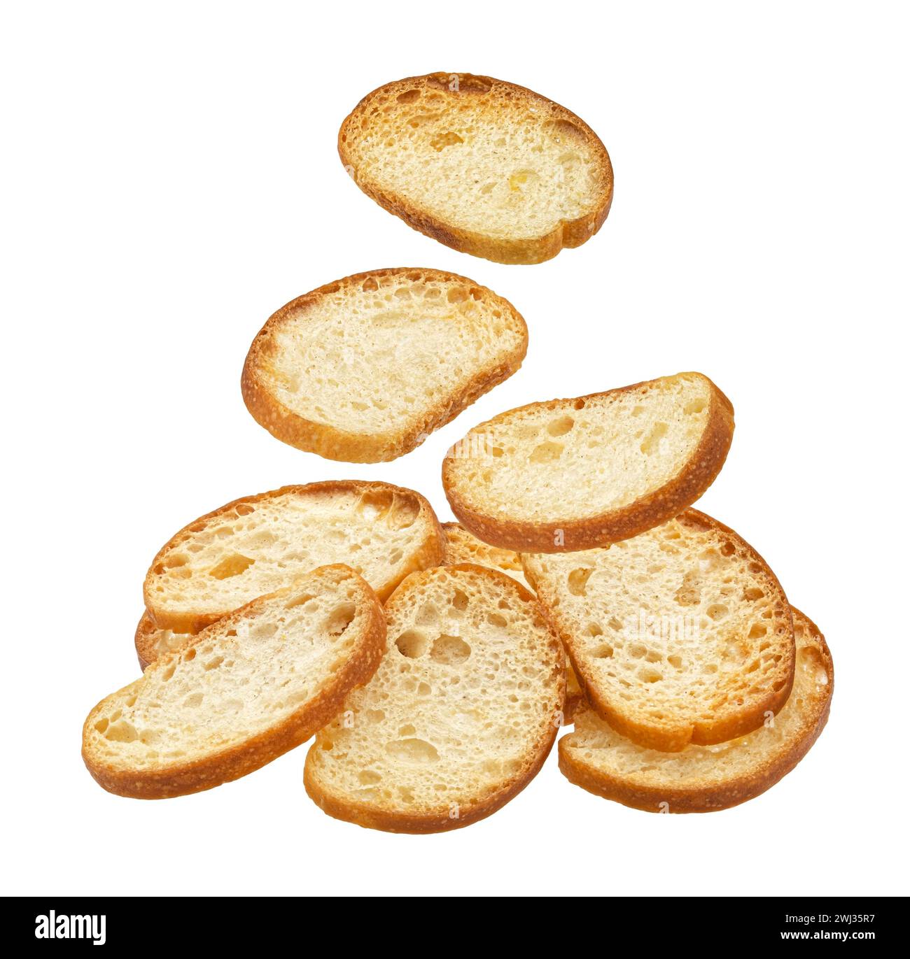 Craquelins bruschetta tombant, croûtons de pain rond isolés sur fond blanc Banque D'Images