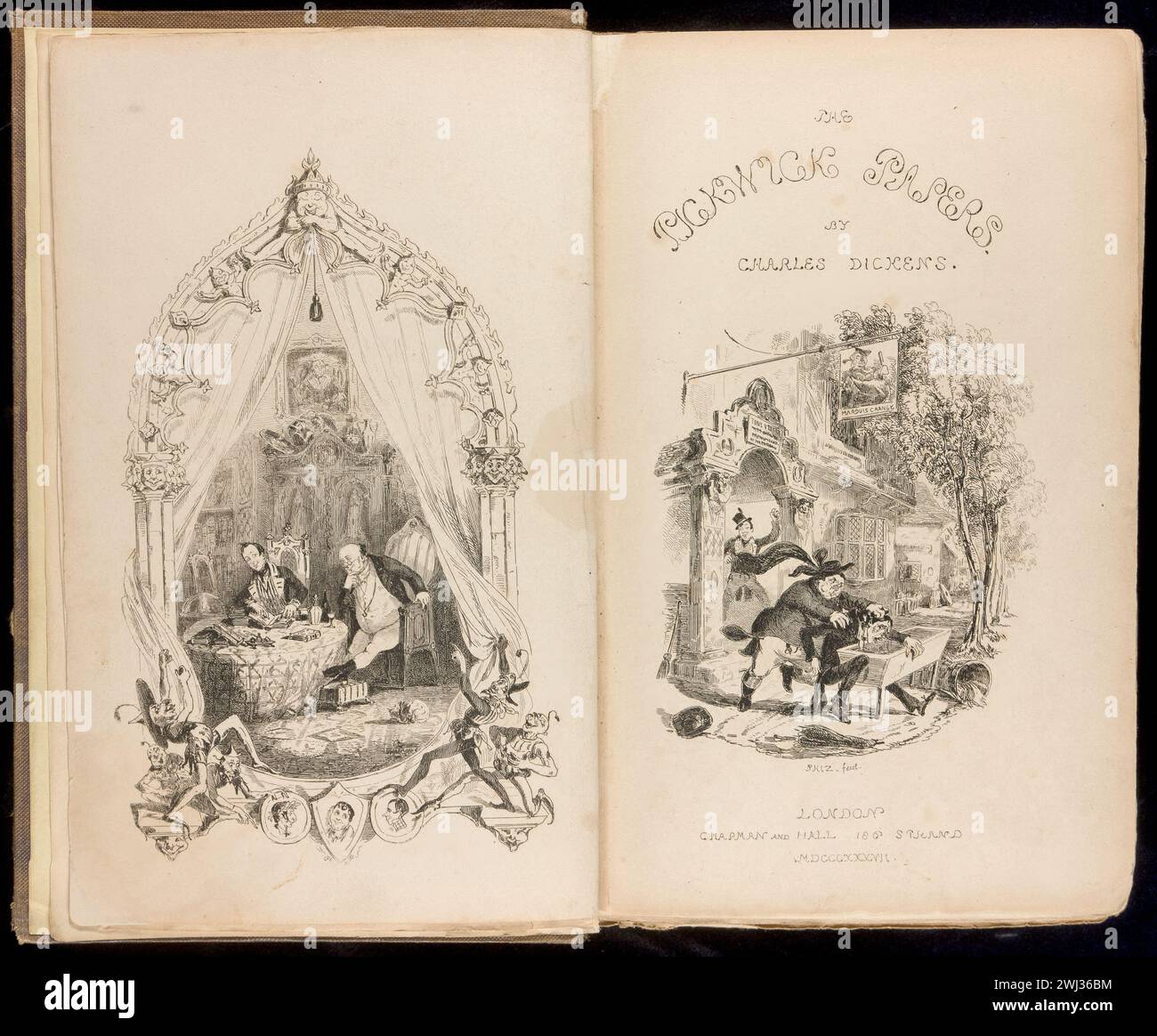 Vintage Book frontispice-vignette page de titre pour les papiers posthumes du Pickwick Club / par Charles Dickens Banque D'Images