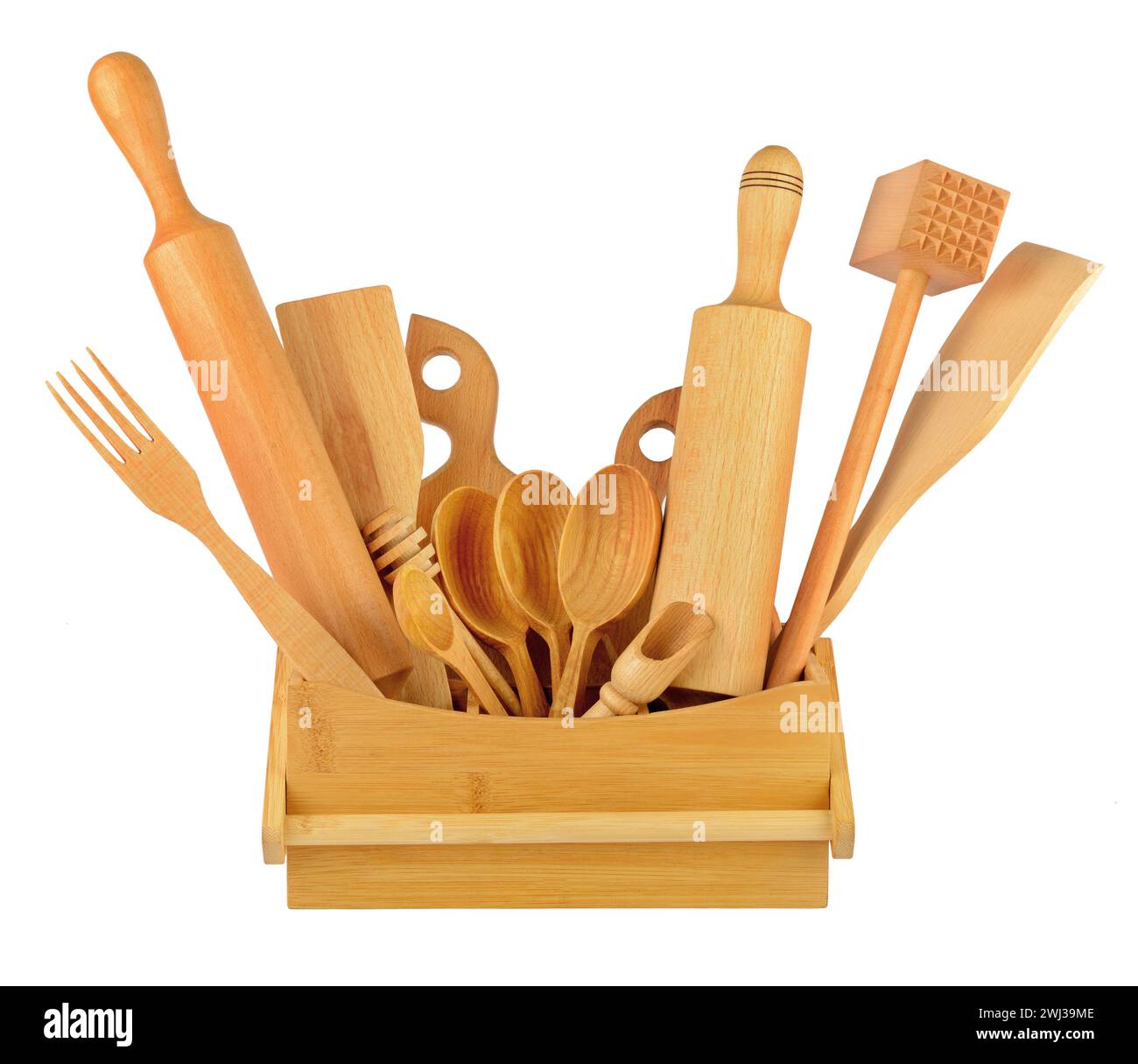 Ustensiles de cuisine en bois (pelle, fourchette, cuillère, etc.) isolés sur fond blanc. Banque D'Images