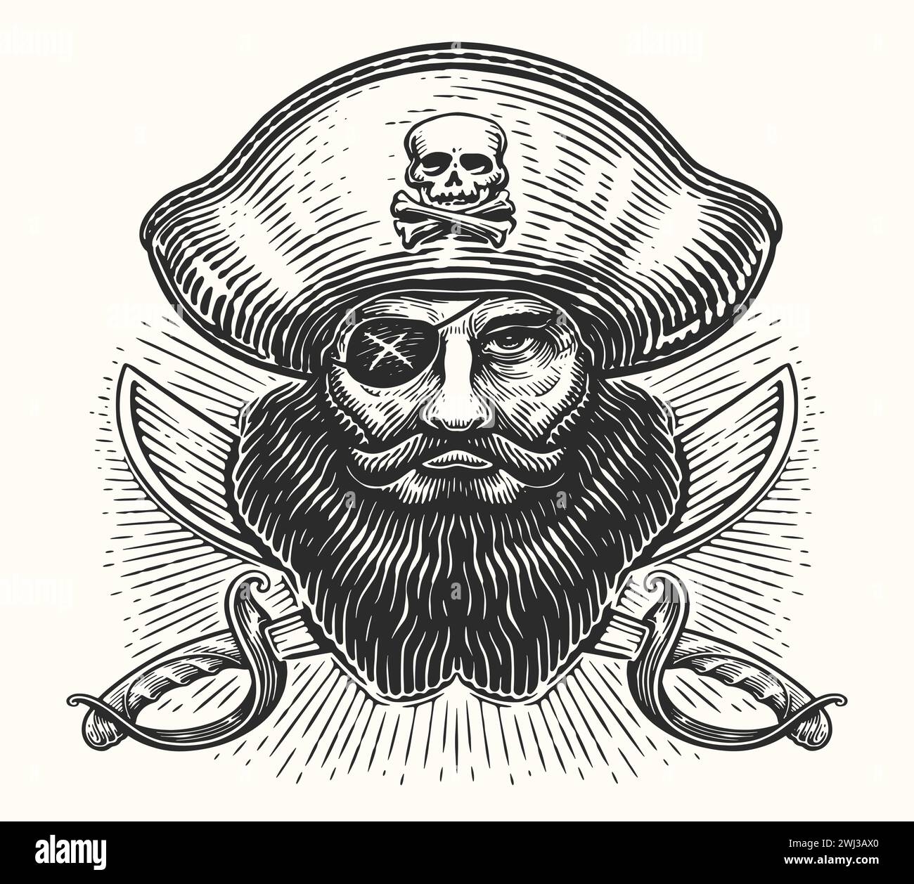 Tête de capitaine pirate et sabres. Illustration vectorielle vintage dessinée à la main Illustration de Vecteur