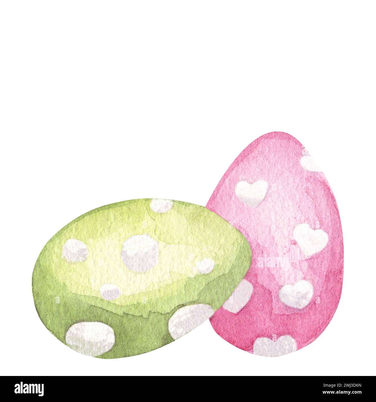 Joyeuses Pâques 2024 clipart. Chasse aux œufs. Poulet peint rose, œufs verts. Illustration d'aquarelle dessinée à la main isolée sur fond blanc. Pour carte Banque D'Images