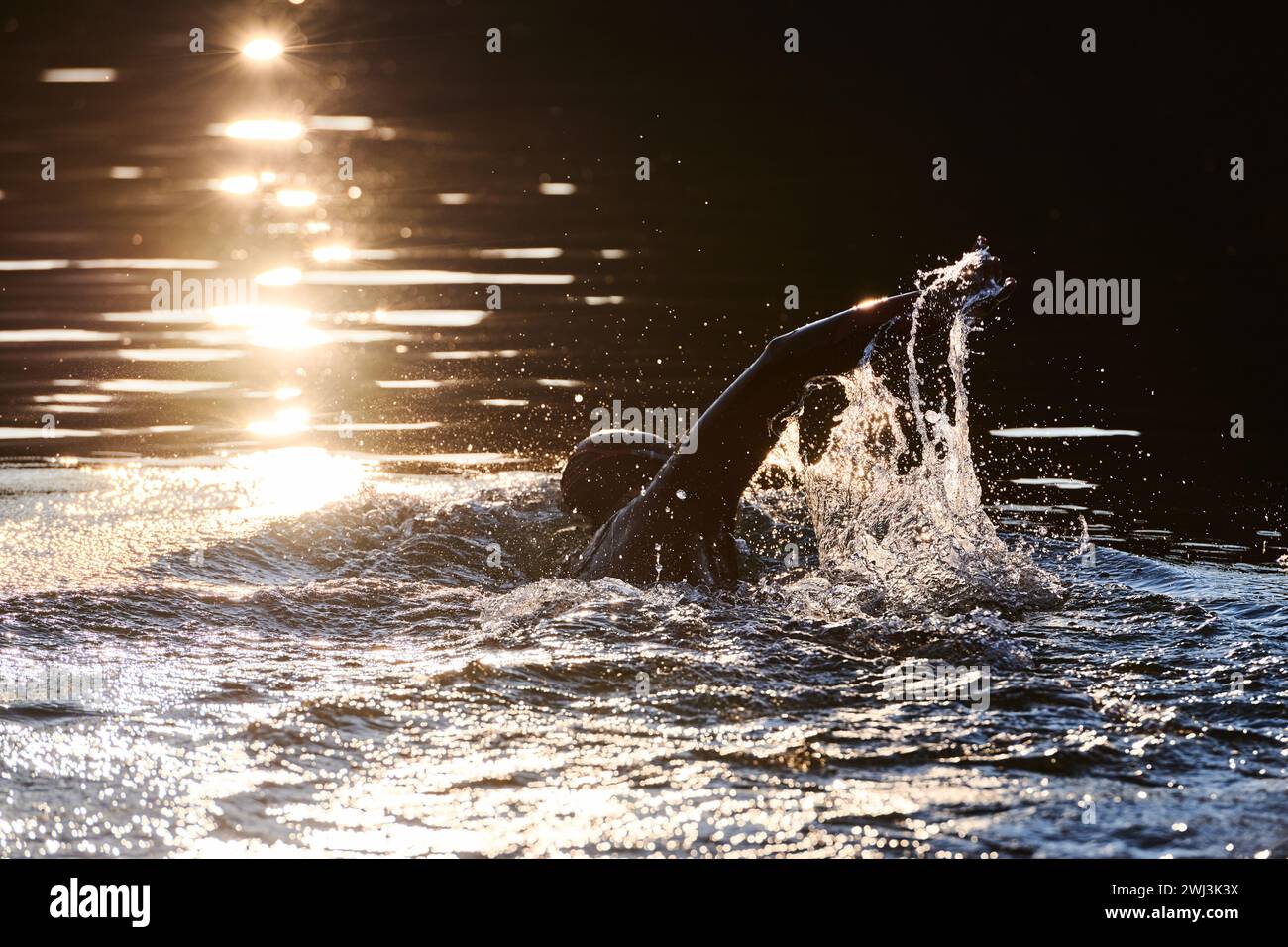 Athlète de triathlon nageant sur le lac au lever du soleil en portant une combinaison de plongée Banque D'Images