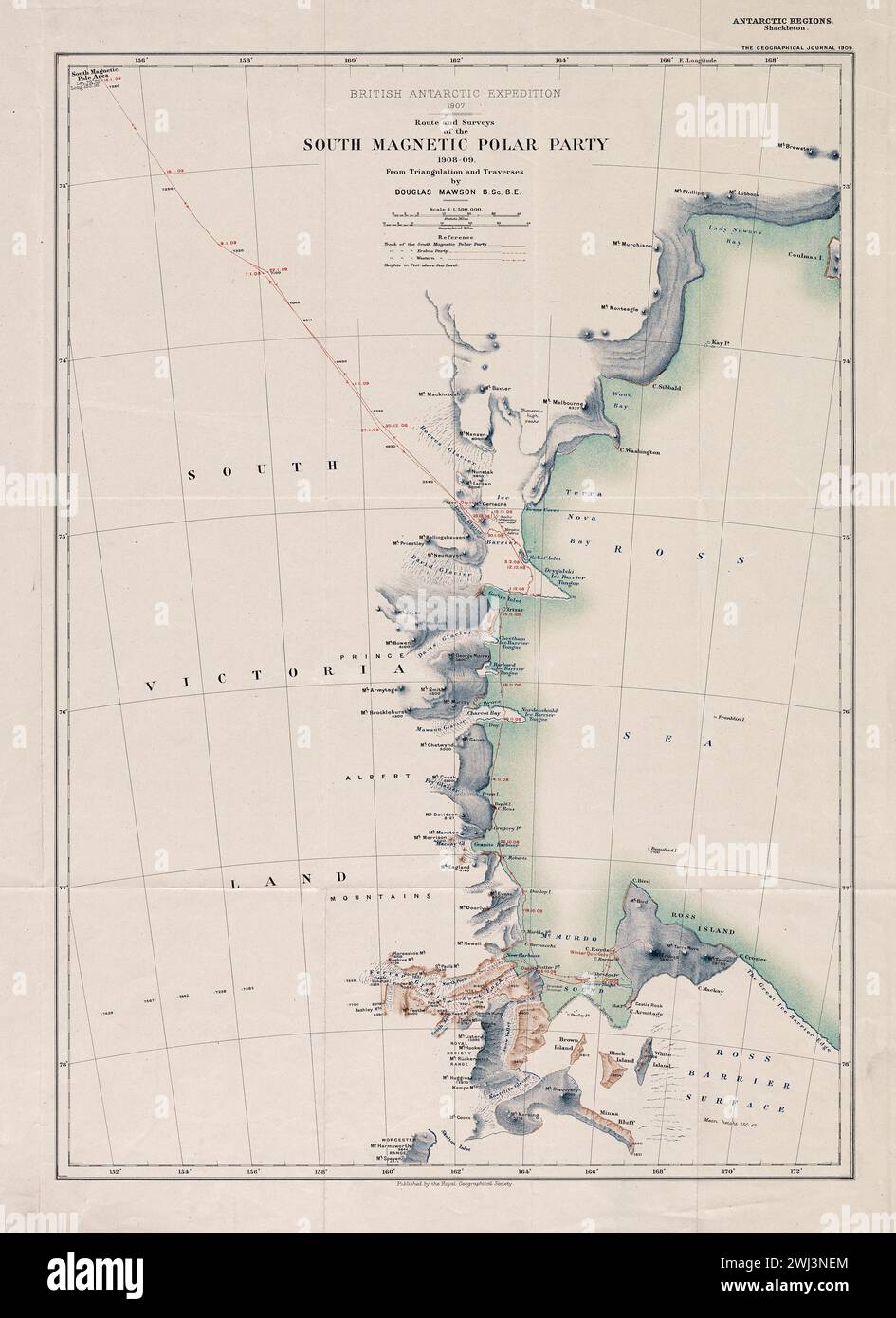 Expédition antarctique britannique, 1907 : route et levés de la partie polaire magnétique sud, 1908-09 : de triangulation et de traversées / par Douglas Mawson. Carte historique vintage. Route vers l'expédition Antarctique britannique de South Magnetic Shackleton. Banque D'Images