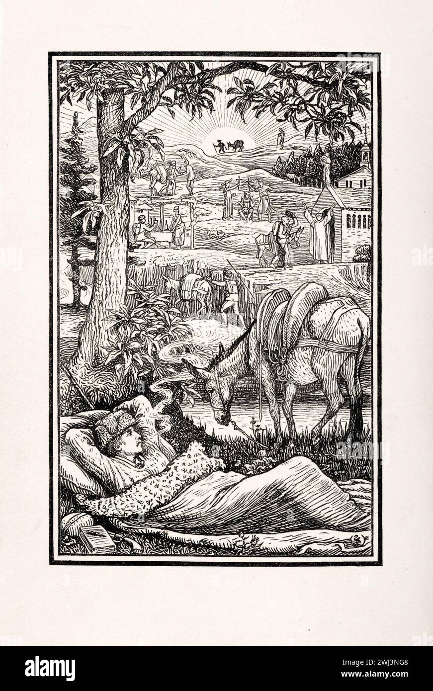 Frontispice d'illustration vintage par Walter Crane pour l'édition 1905 des voyages de Stevenson avec un âne dans les Cervennes, montrant Stevenson se reposer pendant que son âne mange. Banque D'Images