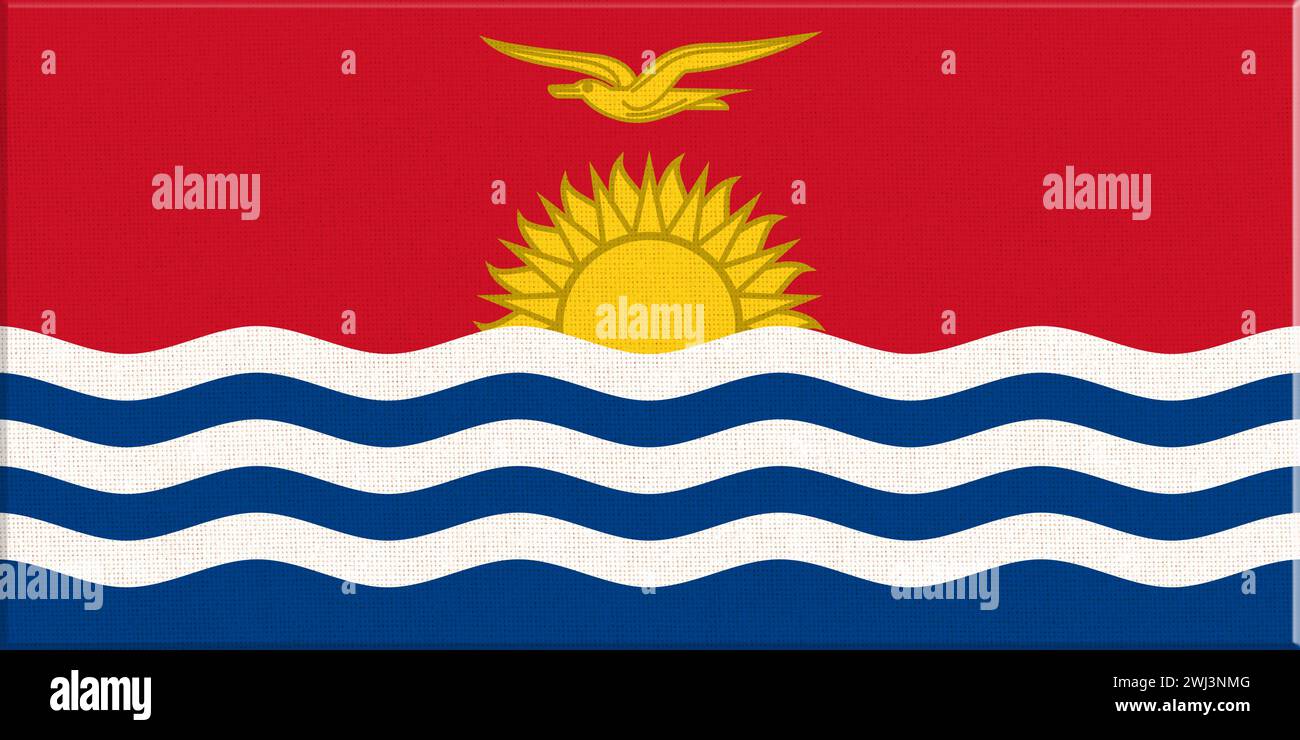 Drapeau de Kiribati. Drapeau national Kiribati sur la surface du tissu. Drapeau national kiribatien sur bac texturé Banque D'Images