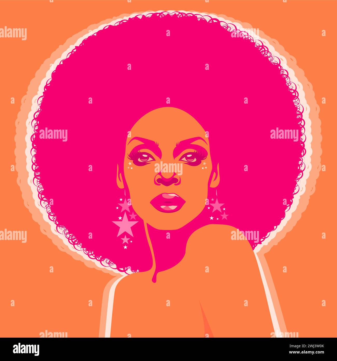 Belle femme avec des cheveux bouclés de style afro, des couleurs acides et psychédéliques. Poster musique soul, funk ou disco style années 60 ou 70 Illustration de Vecteur