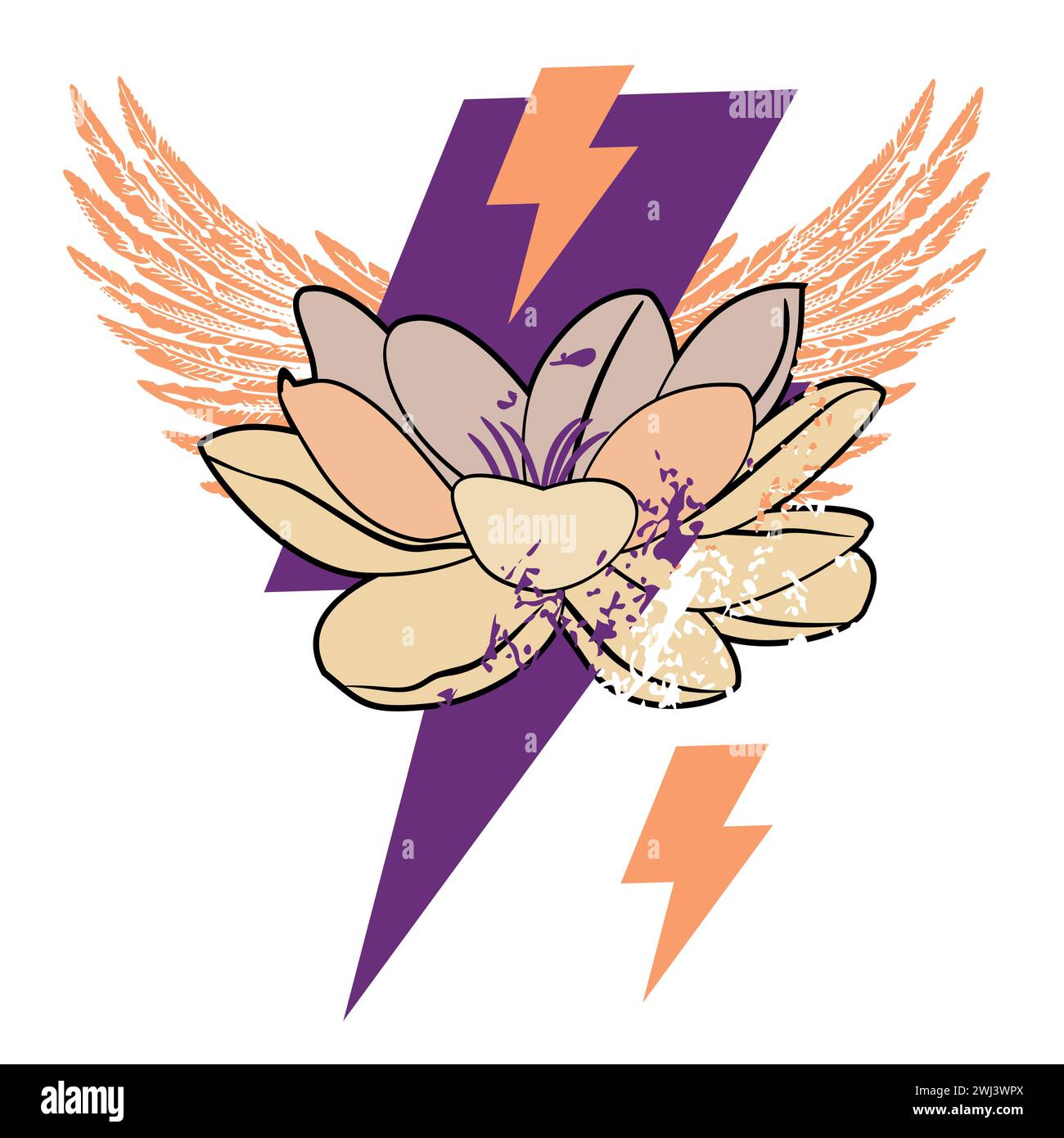 T-shirt design d'une fleur de lotus, symbole de foudre et deux ailes dans les couleurs violettes et orange sur un fond blanc. Illustration de Vecteur