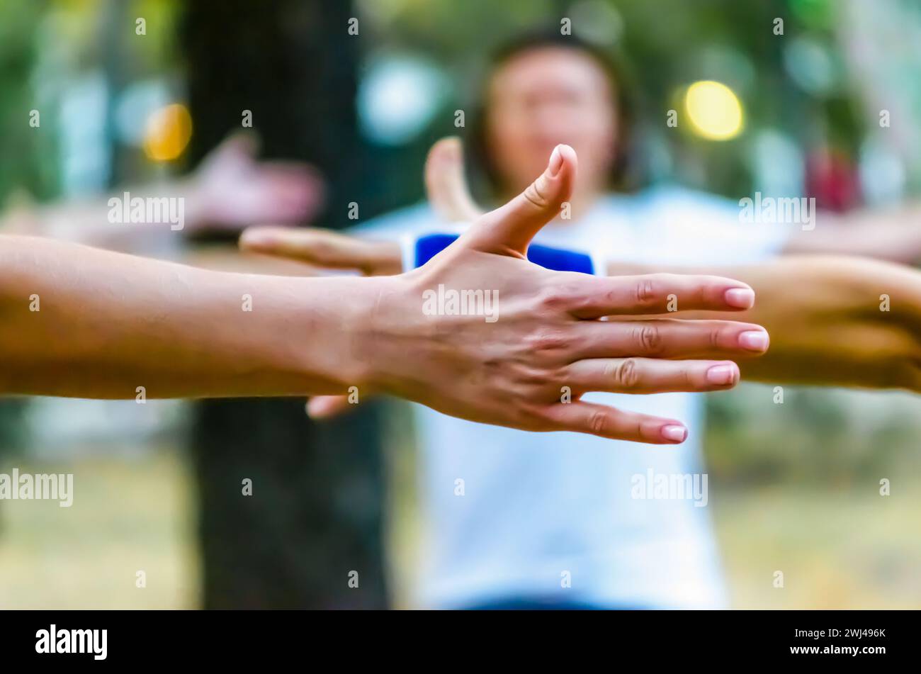 Les mains des gens sont levées vers le haut du yoga dans le parc Banque D'Images Les mains des gens sont levées vers le haut du yoga dans le parc Banque D'Images