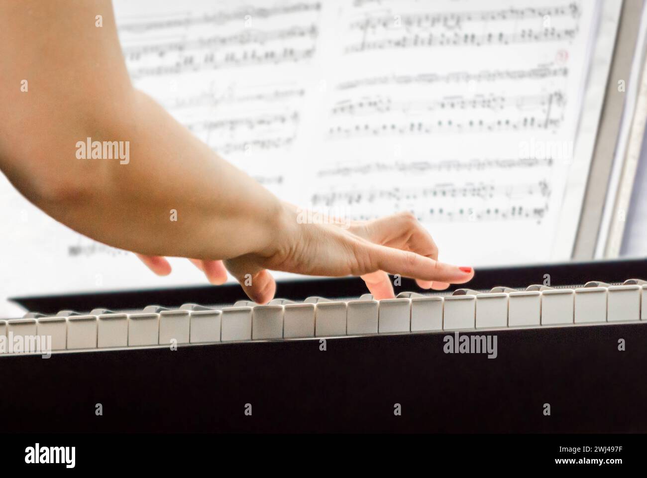 Les mains féminines d'un pianiste musicien et les touches de piano se rapprochent Banque D'Images