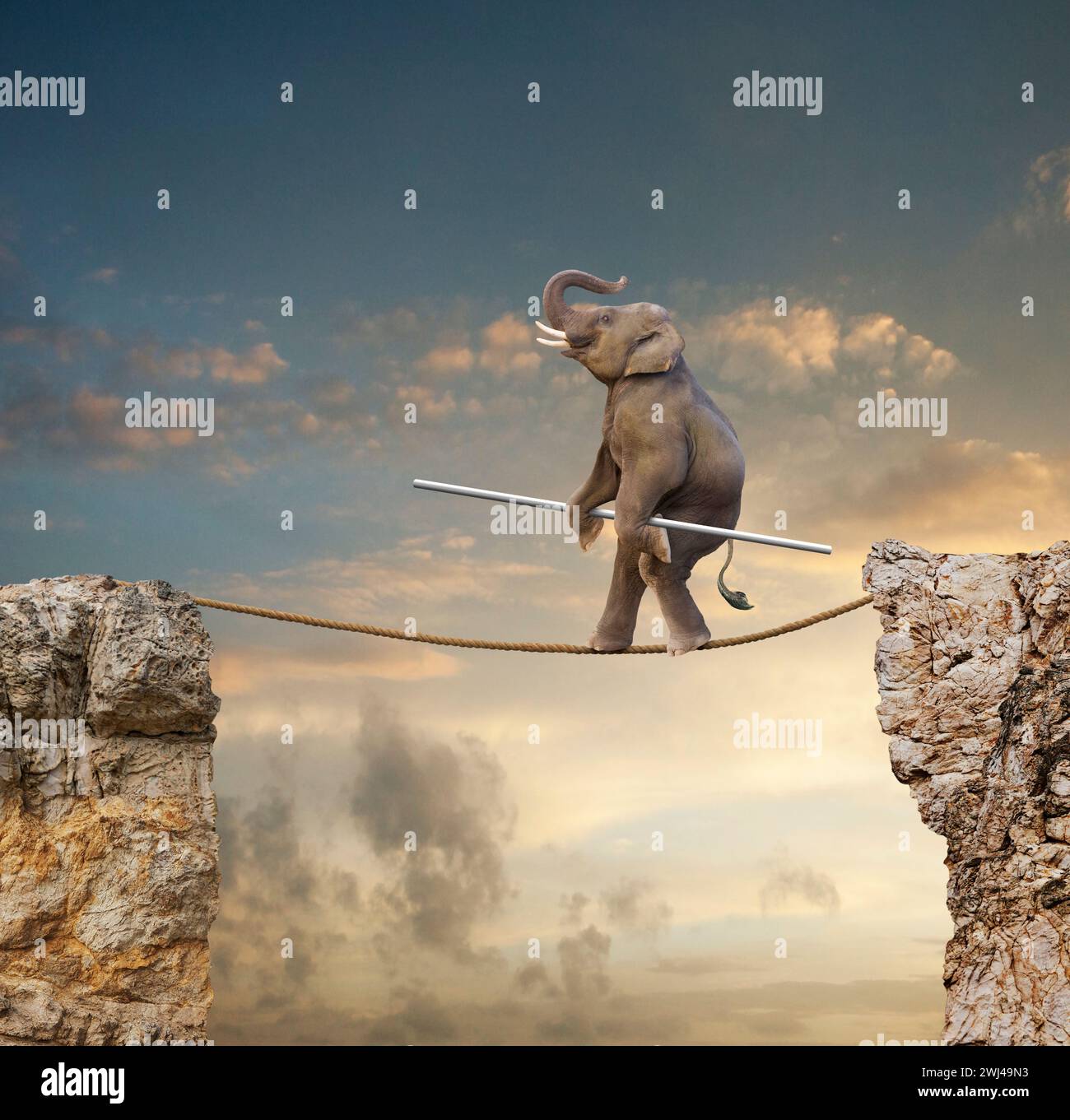 Un éléphant drôle se produit sur une corde raide dans une image sur la taille, l'agilité, la compétence et l'équilibre. Banque D'Images