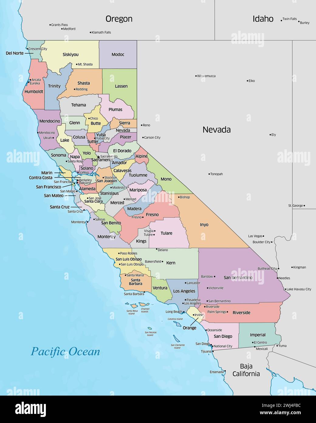 Carte politique colorée des comtés qui composent l'état de Californie situé aux États-Unis. Banque D'Images
