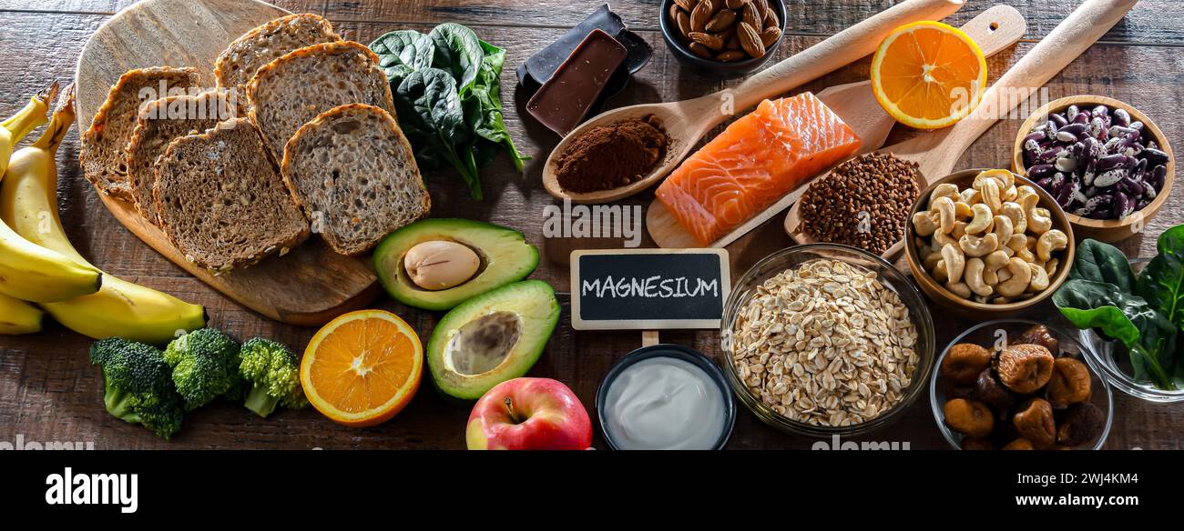 Composition avec des produits alimentaires riches en magnésium. Banque D'Images