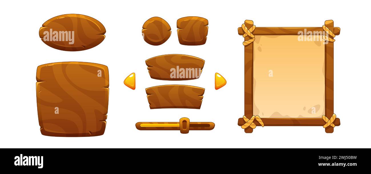 Éléments de conception d'interface utilisateur de jeu en bois - boutons et tableaux pour l'interface de menu. Ensemble d'illustration vectorielle de dessin animé de cadre en bois et parchemin, de bordure de titre et de zone de texte. Kit de ressources Adventure Mobile gui. Illustration de Vecteur