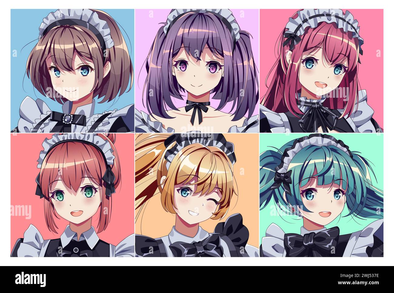 Ensemble d'illustration de logo vectoriel de Kawaii Maid café Girls. Portraits attrayants de femmes animées sur des arrière-plans en couleur. Avatars de personnages féminins manga Illustration de Vecteur