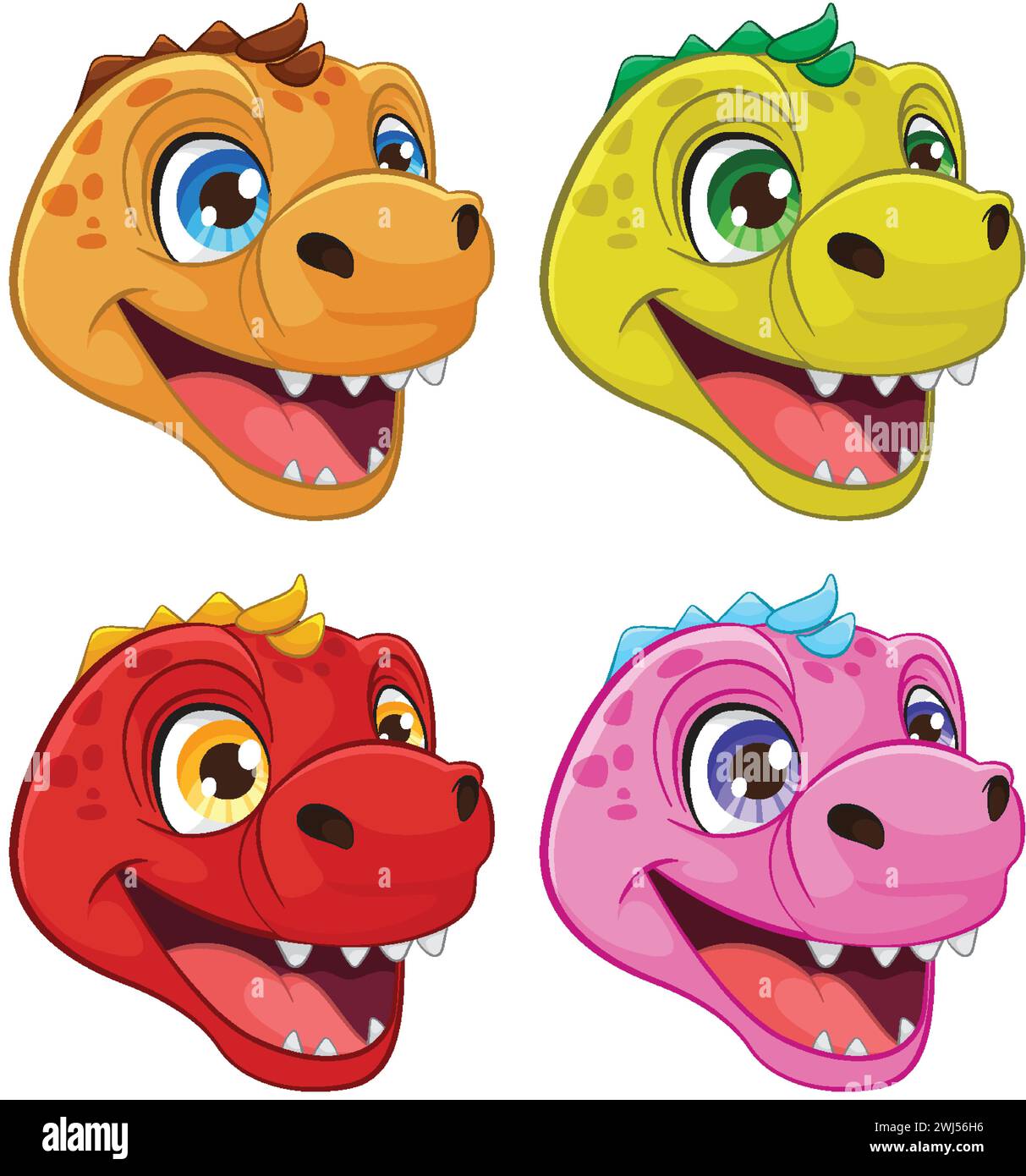 Quatre têtes de dinosaure joyeuses aux couleurs éclatantes Illustration de Vecteur