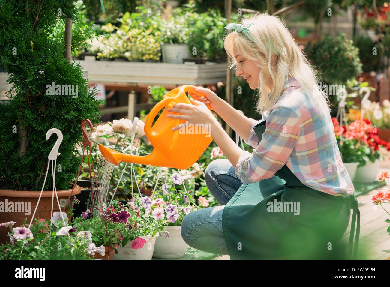 Une jeune femme arrose des fleurs et des plantes dans un centre de jardin Banque D'Images