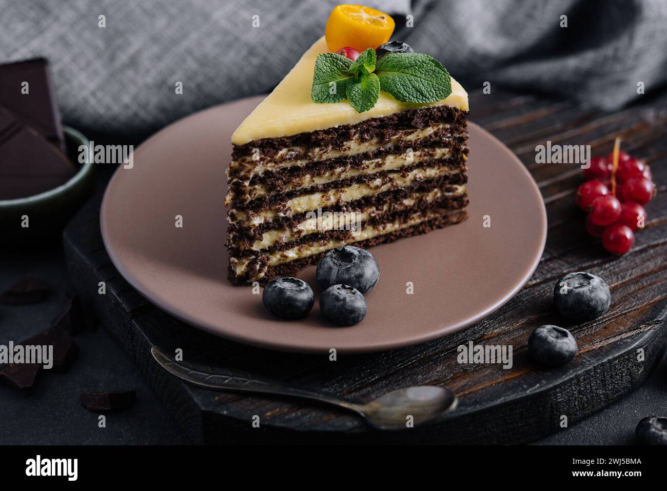 Gâteau au chocolat et à la vanille avec des baies sur l'assiette Banque D'Images