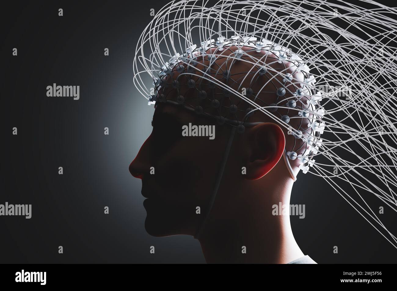 Homme avec électrodes mesurant les signaux cérébraux. Concept neuroscientifique. Illustration de rendu 3D. Banque D'Images