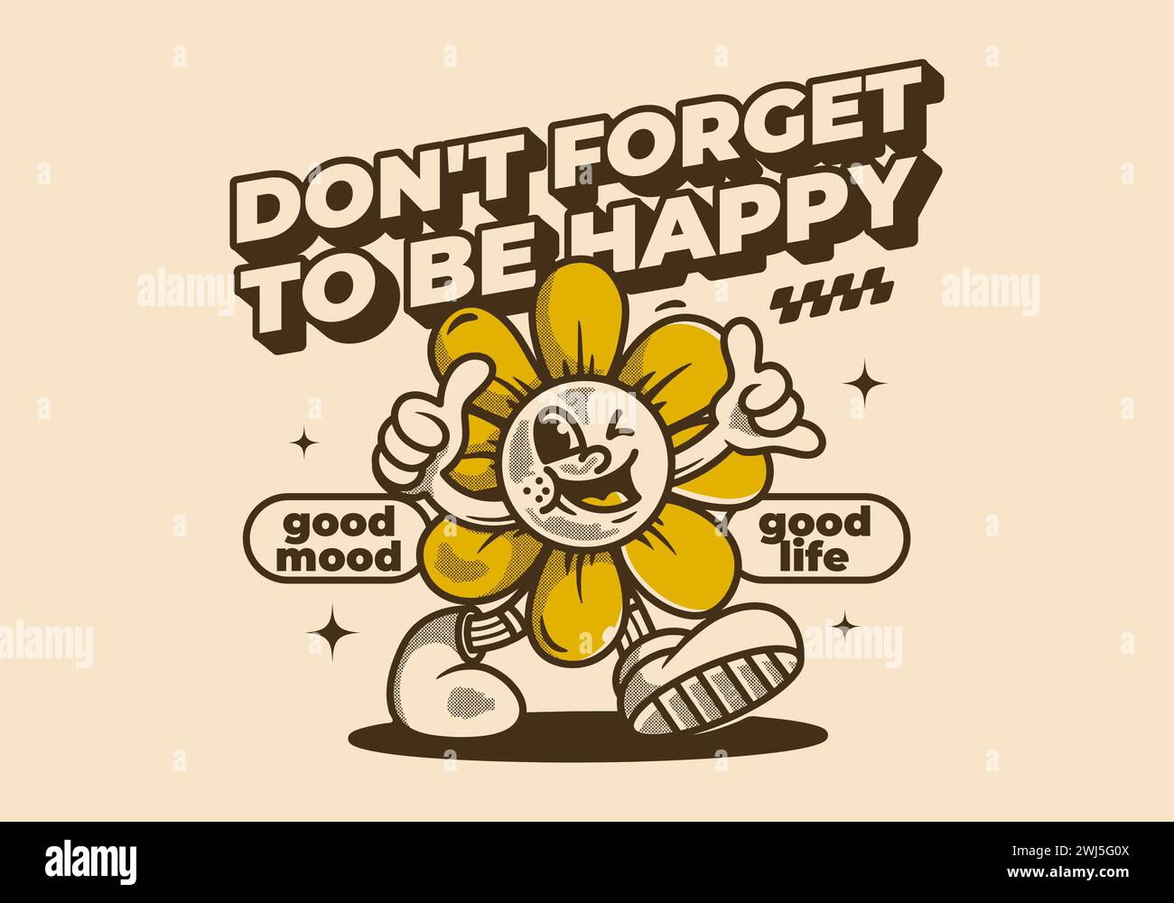 N'oubliez pas d'être heureux. Illustration de personnage de mascotte de fleur de soleil marchant dans un style rétro vintage Illustration de Vecteur