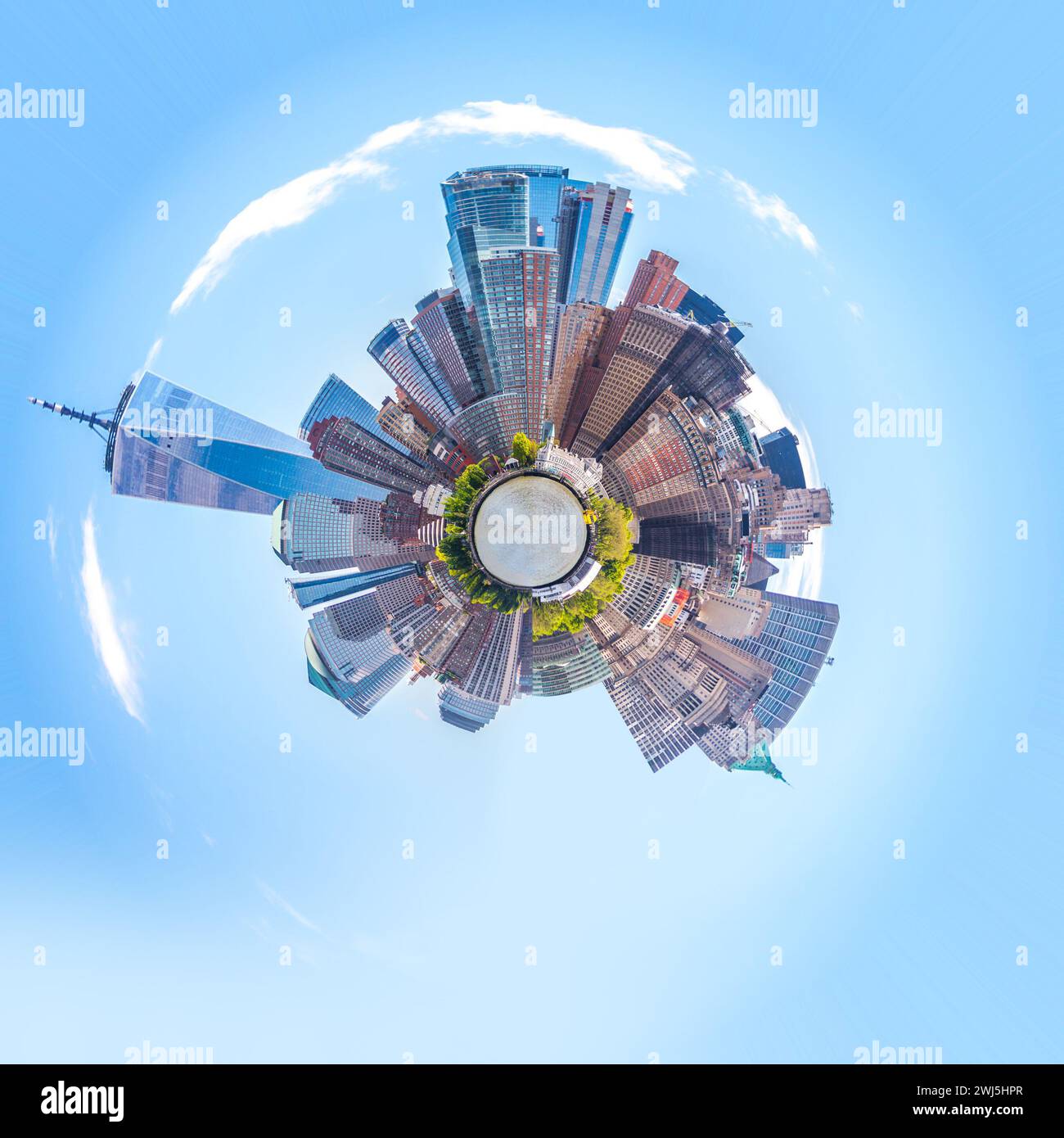 Panorama de la sphère d'horizon du centre-ville du quartier financier et du Lower Manhattan à New York, États-Unis. Mini style de planète Banque D'Images