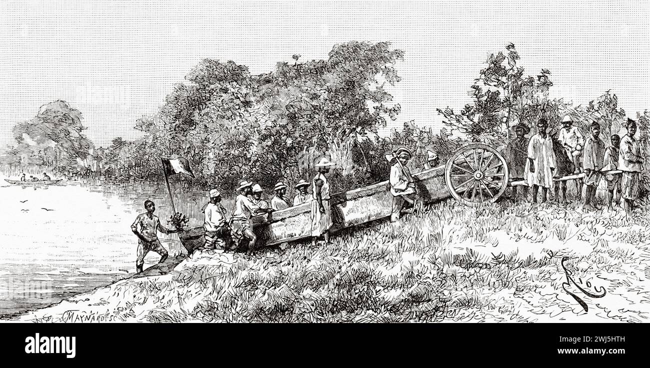 Lancement d'un bateau sur le fleuve Niger, Guinée. Afrique. Deux campagnes au Soudan français, 1886-1888 par Joseph Simon Gallieni (1849 - 1916) le Tour du monde 1890 Banque D'Images