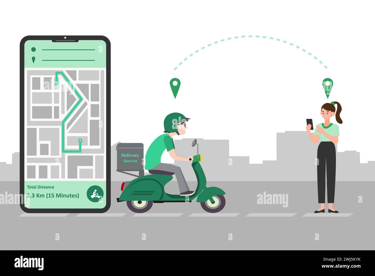 Service de livraison rapide par scooter sur mobile. Commande de nourriture en ligne. Concept de commerce électronique. Illustration de Vecteur