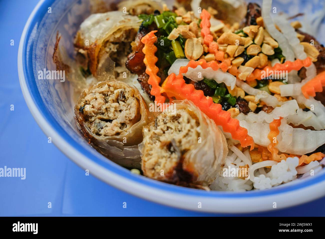 Nouilles vermicelles de riz avec porc grillé et rouleaux de printemps (bun thit nuong / bún thịt nướng), un plat vietnamien populaire Banque D'Images