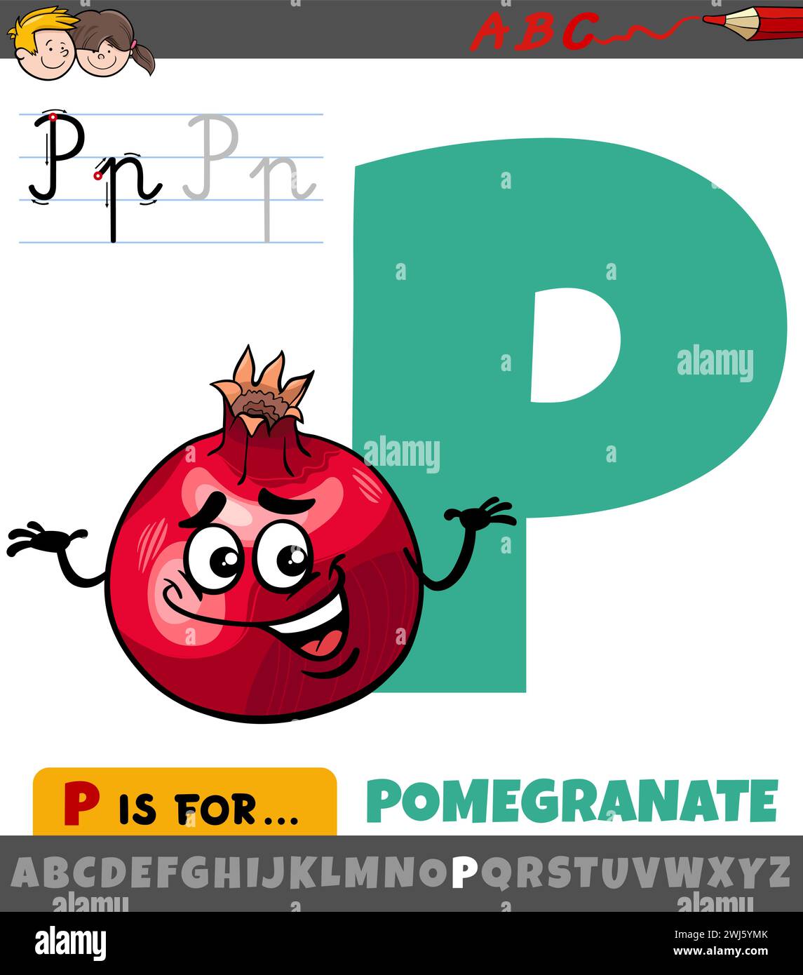 Illustration éducative de dessin animé de la lettre P de l'alphabet avec caractère de fruit de grenade Illustration de Vecteur