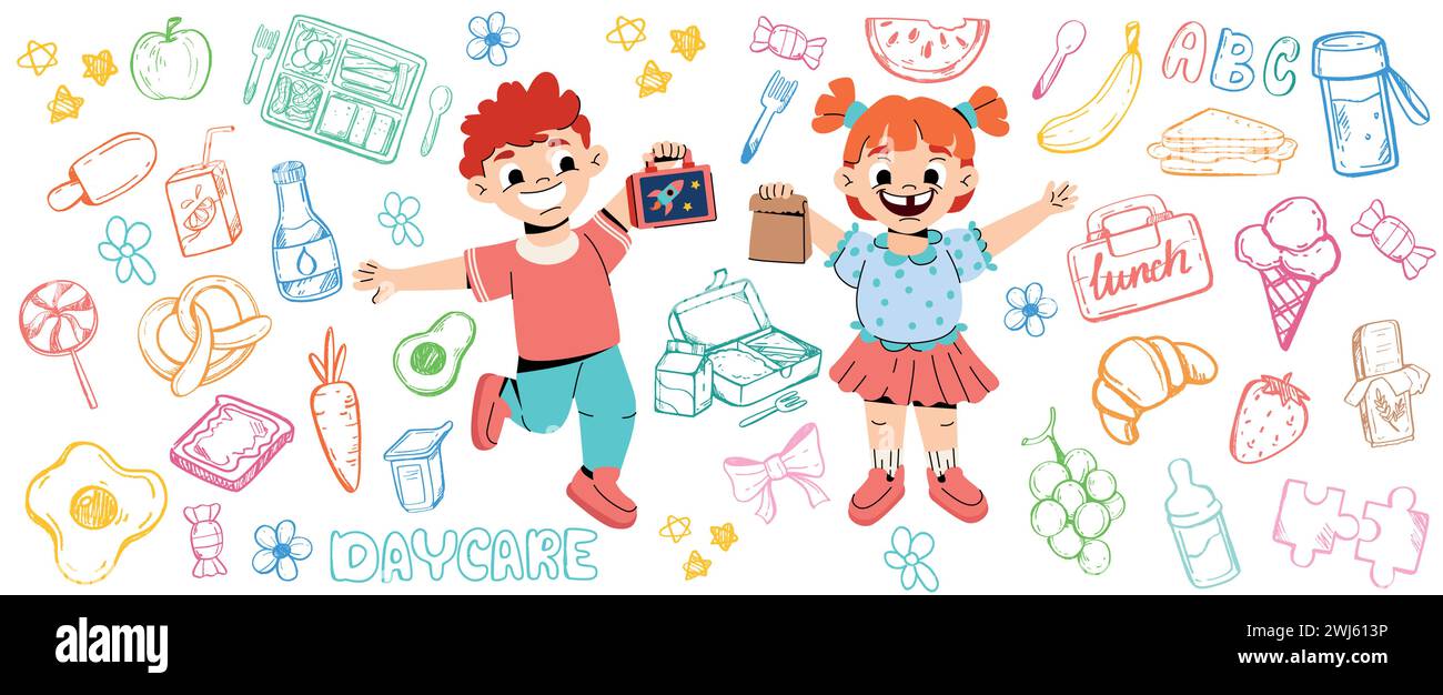 Vecteur doodle modèle de garderie avec des enfants de bande dessinée. Fille et garçon de dessin animé drôle à la maternelle ou à l'école maternelle avec des aliments et des boissons sains. Les personnages heureux tiennent des boîtes à lunch avec des collations, des fruits, des légumes Illustration de Vecteur