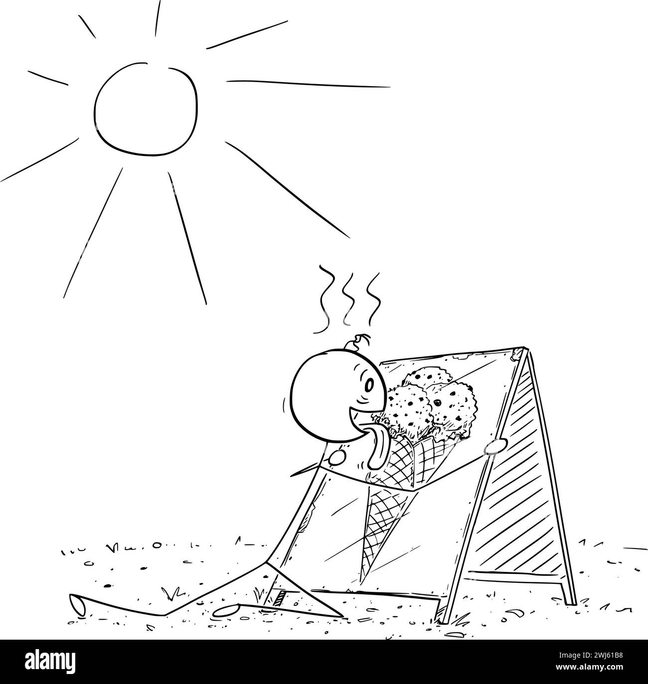 Signe de licence de personne surchauffée avec image de crème glacée, illustration de la figure de bâton de dessin animé vectoriel Illustration de Vecteur