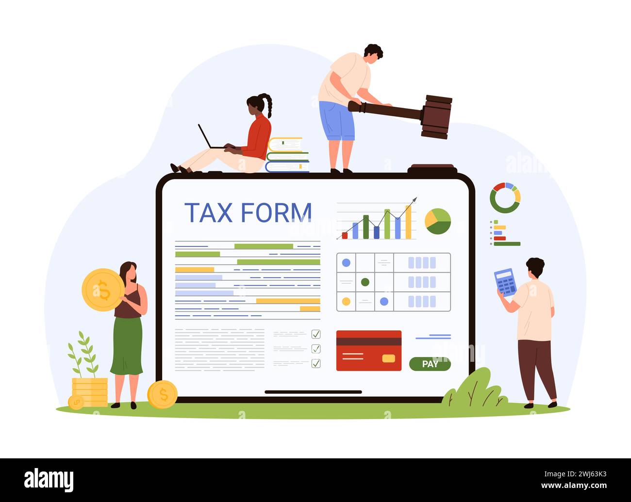 Guide de remplissage et de paiement des formulaires fiscaux en ligne. Les gens minuscules paient pour le relevé électronique sur l'écran de la tablette, la comptabilité de plan pour les dépenses fiscales et l'audit dans l'illustration vectorielle de dessin animé de compte bancaire numérique Illustration de Vecteur