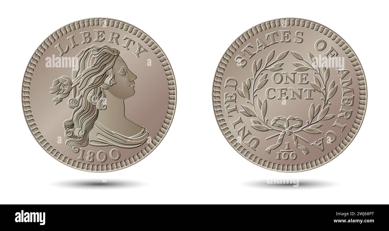 Vecteur argent américain, pièce d'un cent, 1796-1807. Tête classique grand cent. Illustration vectorielle. Illustration de Vecteur