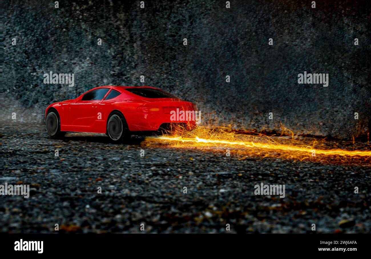 Voiture de course rouge jouet apparemment à vitesse tellement rapide qu'il a laissé une traînée de feu Banque D'Images