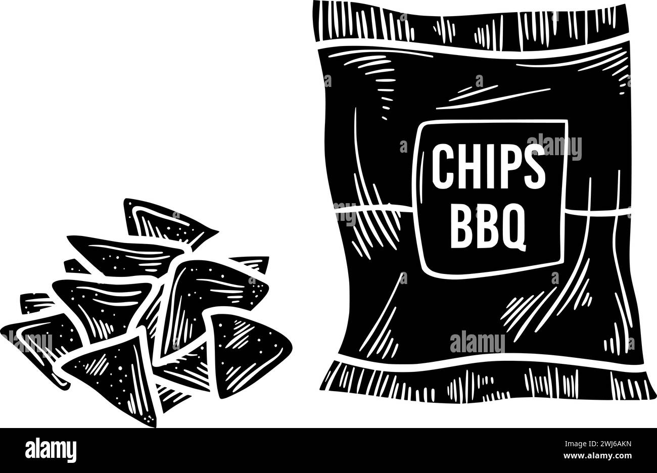 Silhouette de pomme de terre noire ou illustration de tortilla plate du logo BBQ snack pour la nourriture avec icône de puce et forme croustillante manger comme croquant au maïs Illustration de Vecteur