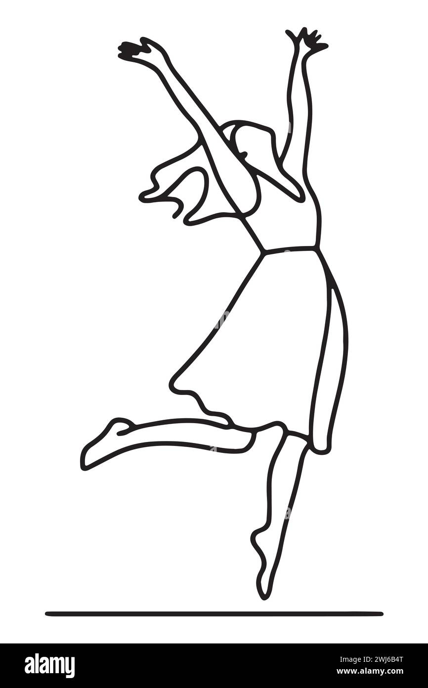 Une jeune fille danse joyeusement. L'illustration minimaliste utilise des lignes simples pour représenter le bonheur et le mouvement de la femme. Le dessin à une ligne Illustration de Vecteur