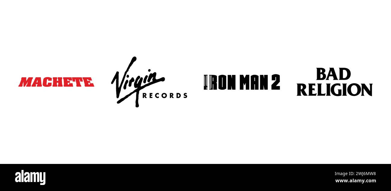 Machette, Iron Man 2, Virgin Records, Bad religion. Illustration vectorielle, logo éditorial. Illustration de Vecteur