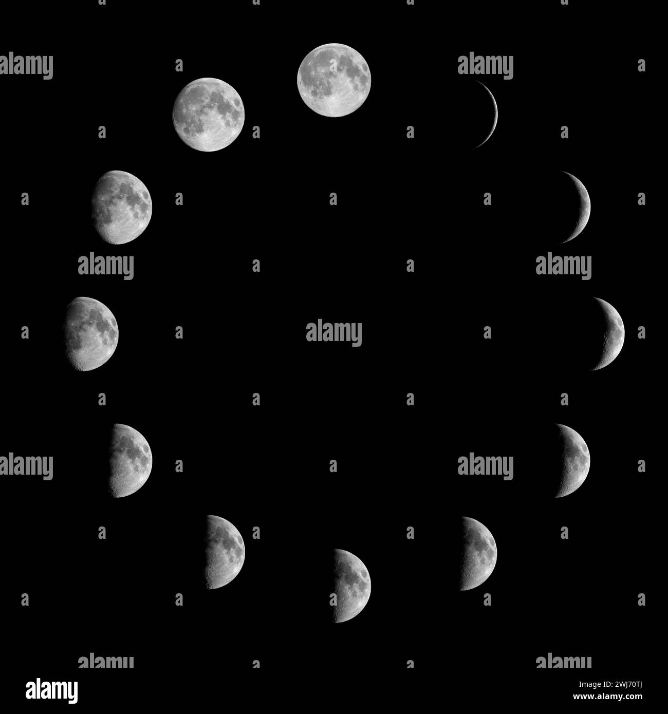 Toutes les phases de la Lune : croissant décroissant, troisième quartier, gibbous décroissant, pleine Lune, gibbbous à la cire, premier quartier et croissant de cire sur une grande mosaïque aga Banque D'Images