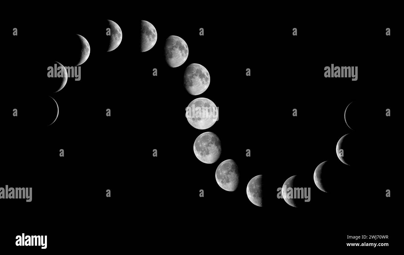 Toutes les phases de la Lune : croissant décroissant, troisième quartier, gibbous décroissant, pleine Lune, gibbbous à la cire, premier quartier et croissant de cire sur une grande mosaïque aga Banque D'Images
