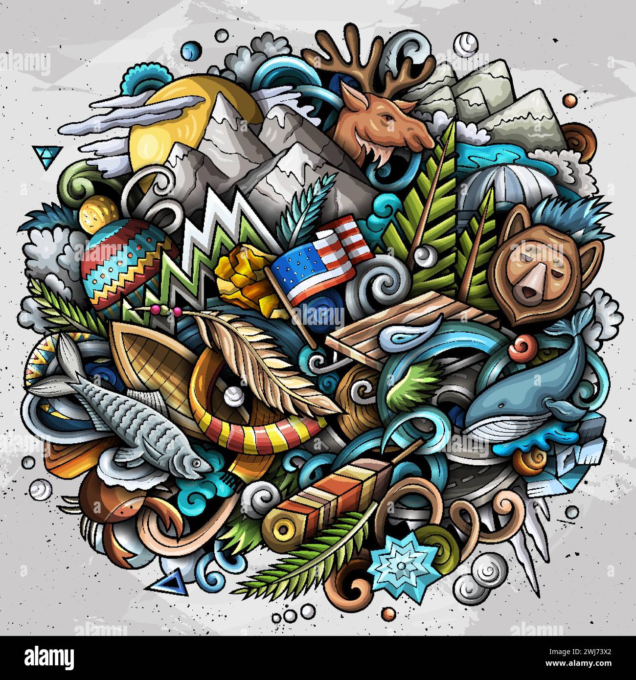 Dessin animé Alaska dessiné à la main illustration de doodle. Drôle de design d'État des États-Unis. Fond de vecteur d'art créatif. Composition colorée Illustration de Vecteur