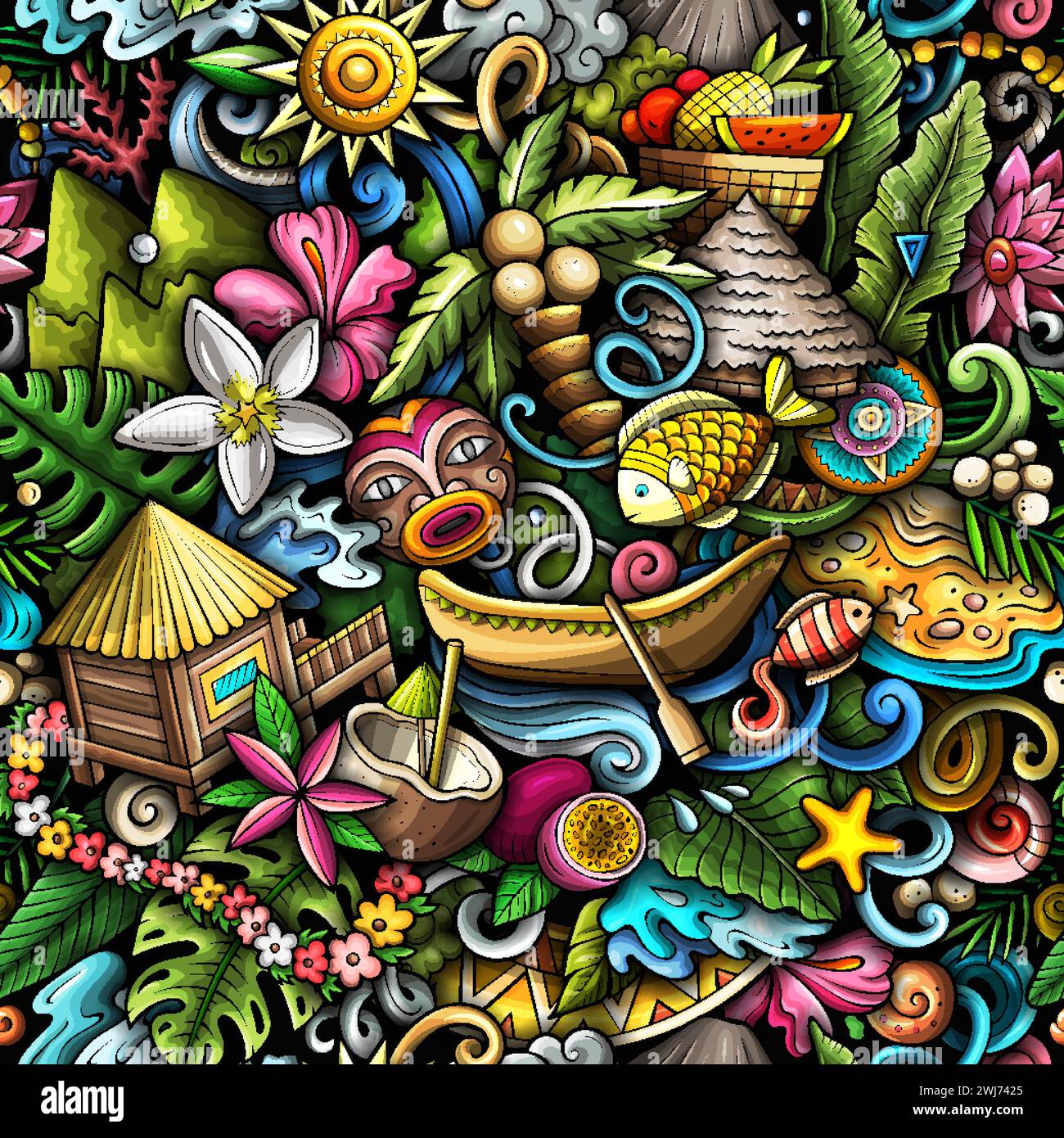 Dessin animé doodles Tahiti Island motif sans couture. Toile de fond avec symboles et objets de la Polynésie française. Fond coloré pour tissu, cartes de voeux, mur Illustration de Vecteur