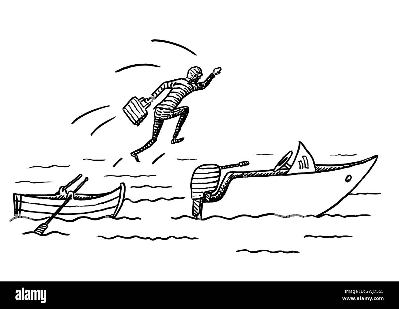 Croquis dessiné à la main d'un manager sautant d'un bateau à rames sur un bateau à moteur. Métaphore pour le mouvement de carrière, le changement, saisir l'opportunité d'affaires, entrepreneur Banque D'Images