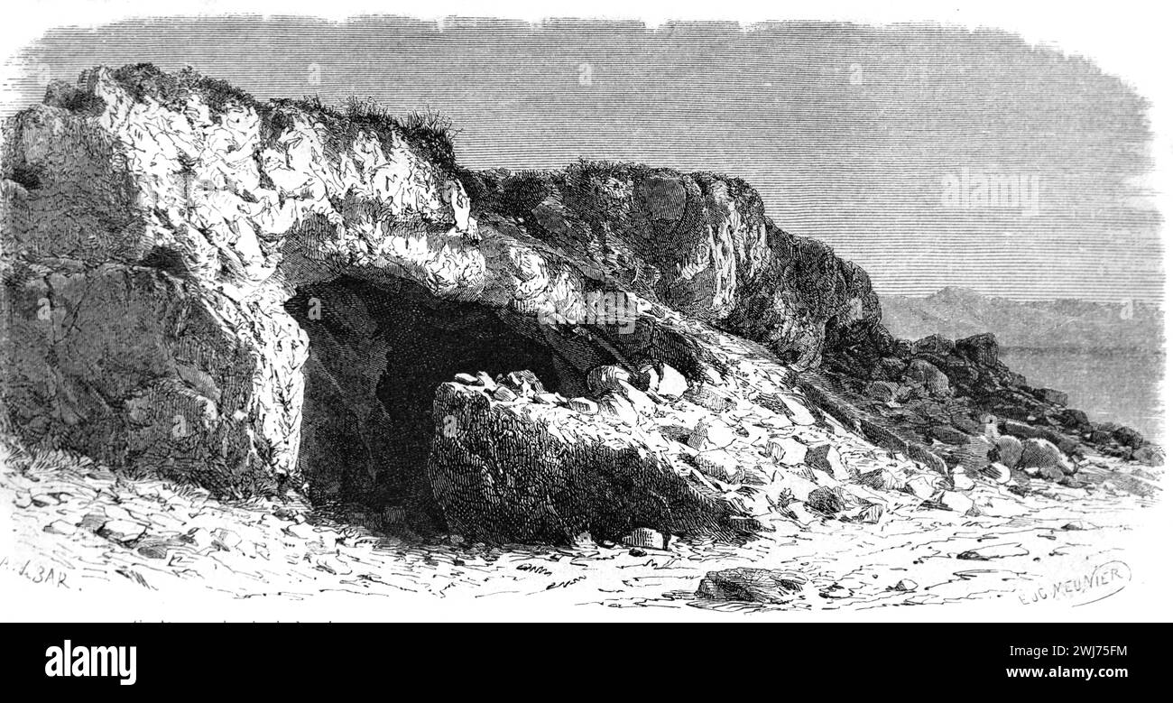 Ancienne grotte de nécropole ou tombe de grotte près de Byblos Liban. Gravure vintage ou historique ou illustration 1863 Banque D'Images