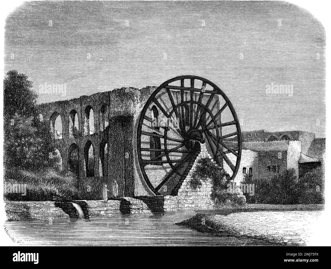 Noria géante historique, roue à eau ou roue à eau utilisée pour l'irrigation sur la rivière Orontes Hama Syrie. Illustration vintage ou historique ou gravure 1863 Banque D'Images