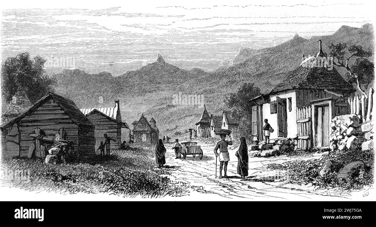 Vue anticipée du Camp Creole ou du quartier créole Port Louis Mauritius. Gravure vintage ou historique ou illustration 1863 Banque D'Images