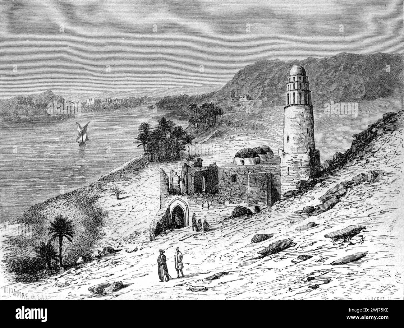 Mosquée en ruines et minaret en face de Philae et du Nil, Assouan, Nubie, Egypte. Gravure vintage ou historique ou illustration 1863 Banque D'Images