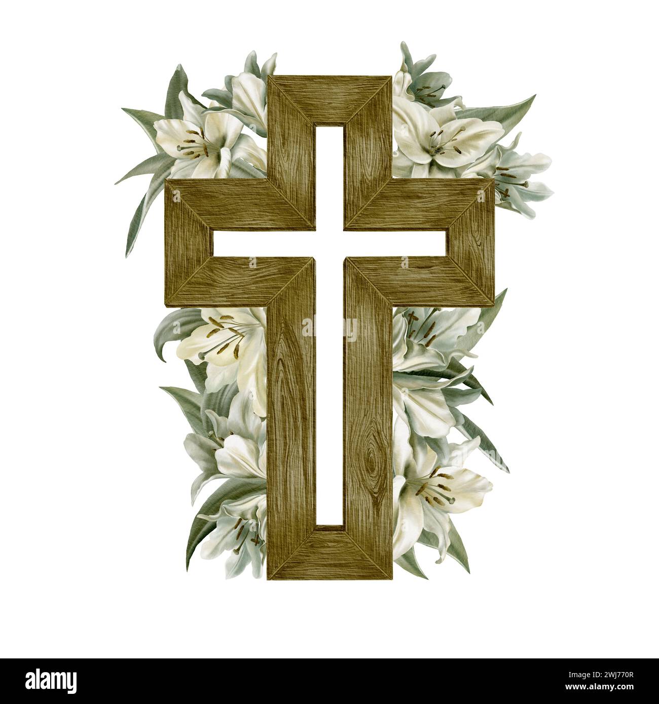 Croix chrétienne en bois avec des lis.clipart aquarelle.minimalisme simple.le symbole catholique ou orthodoxe peint à la main pour la première communauté, le baptême Banque D'Images